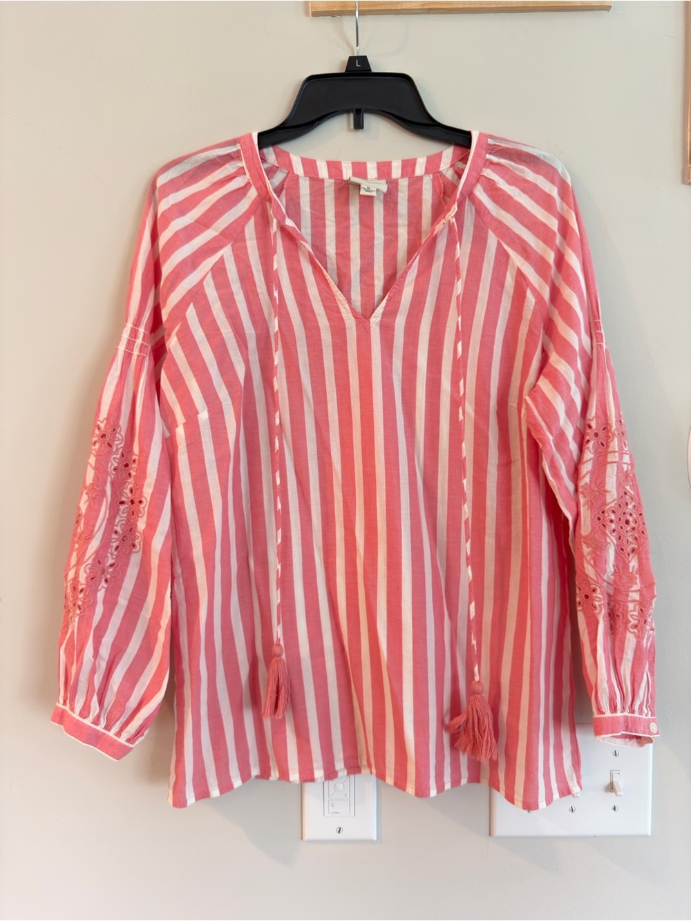 Striped Pink & White V-Neck Peasant Top